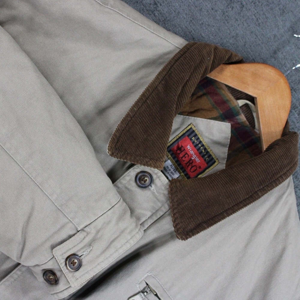 Vintage Wrangler Hero Barn Jacket Tan Khaki Cotton Canvas Plaid Lined XL 1998